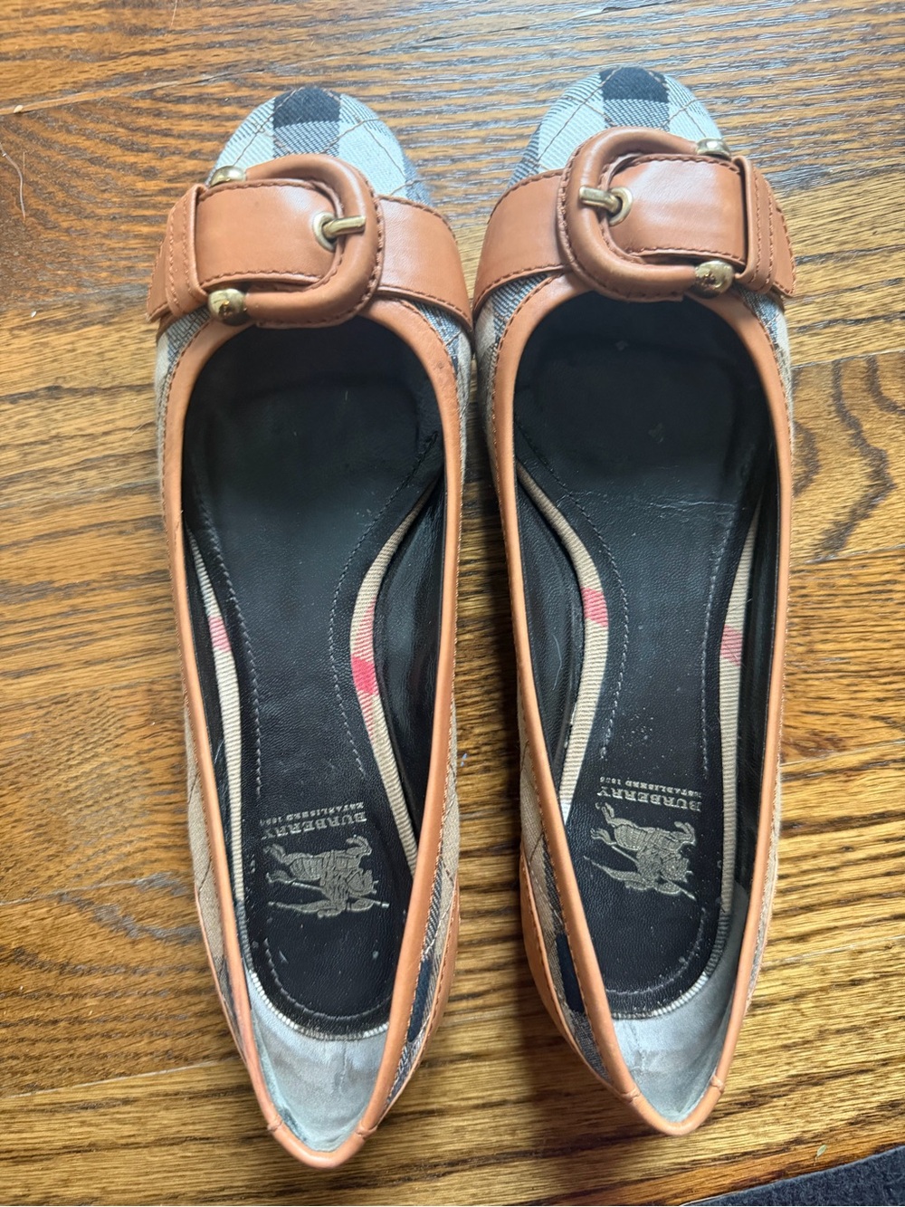 Burberry Tan Leather-Trim Plaid Buckle Ballet Flats